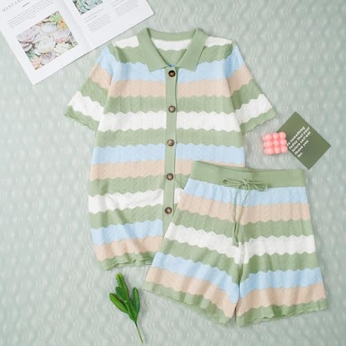 Pink Queen Knit Short Sets Women 2 Piece Outfits Short Sleeve Button Down Shirt and Shorts Set Striped Green Small