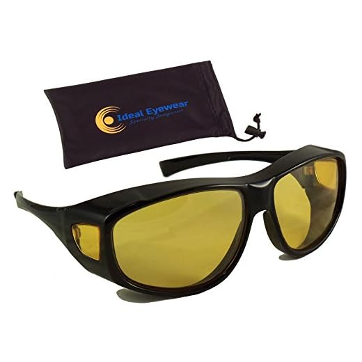 Ideal Eyewear Night Driving Wear Over Glasses Yellow Lens Fit Over Glasses (Black Frame with case, Large)