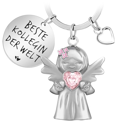 YnewL Beste Kollegin Schlüsselanhänger Schutzengel Glücksbringer Matt mit Edelsteinen, mit Herz und Gravur - Abschied Kollege Abschiedsgeschenk(Rosa)