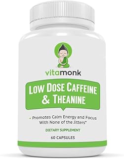 VitaMonk Low Dose Caffeine and Theanine - L Theanine Caffeine Pills - Microdose of L-theanine Caffeine Capsules - Time Release Caffeine Supplements - Caffeine L Theanine Pills - No Jitters - 60 Caps