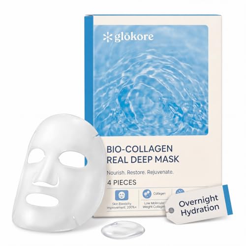 Image of GLOKORE Bio Collagen Face Mask, Overnight Hydrating Face Mask with Hyaluronic Acid, Peptides & Niacinamide, Firming & Plumping Skincare for Glowing-Looking Skin (Pack of 4)