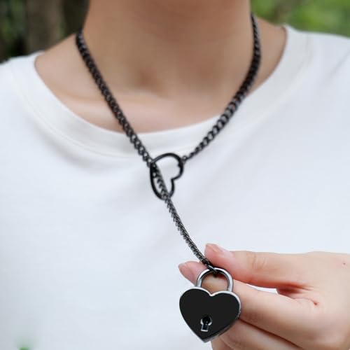 Women's Stainless Steel Heart O-Ring Adjustable Lariat Y-Necklace Punk Long Cuban Lock Necklace with Key3