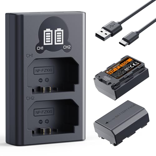 K&F CONCEPT NP-FZ100 mit hoher Kapazität 2600mAh Zwei Akkus und EIN Ladegerät 2er Pack Batterien für Sony Alpha A7III A7IV A7R III/A7R3 A7RIV A7RV A7C A7S III/A7S3 A9 A9II A6600 A9R A9R 9S FX3 FX30