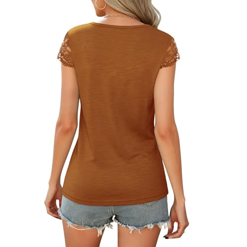 Image of Womens Tops V Neck Short Sleeve T Shirts Womens Summer Tops Casual Soft Basic Lace Tops Spring Summer Tees Clothes 2026