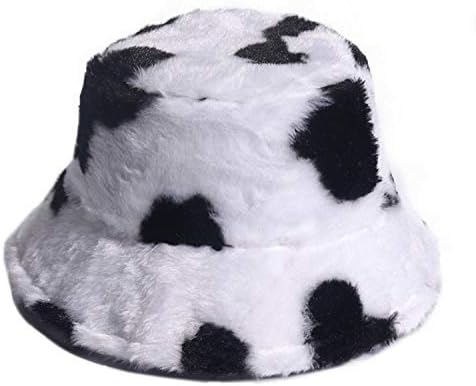 Women's Milk Cow Print Faux Fur Bucket Hat Fluffy Winter Warmer Fisherman Cap Warm Windproof Hat for Women for Girls Black