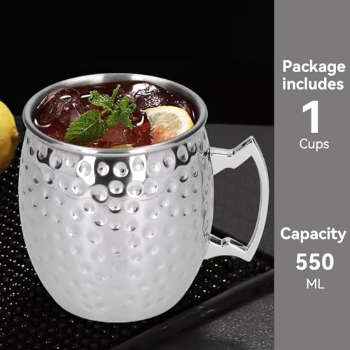 Moscow Mule Mugs Set of 2, Moscow Mule Glasses 550ml Hammered Copper Moscow Mule Cups Stainless Steel Mugs Stainless Steel Cocktail Cup Metal Beer Glasses Large Beer Mug Hammered Mugs for Cocktails - Thumbnail 2