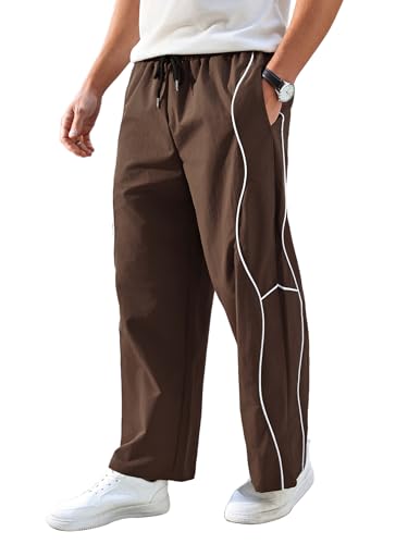 OYOANGLE Men's Elastic Drawstring Waist Straight Leg Pants with Pocket Loose Long Sweatpants