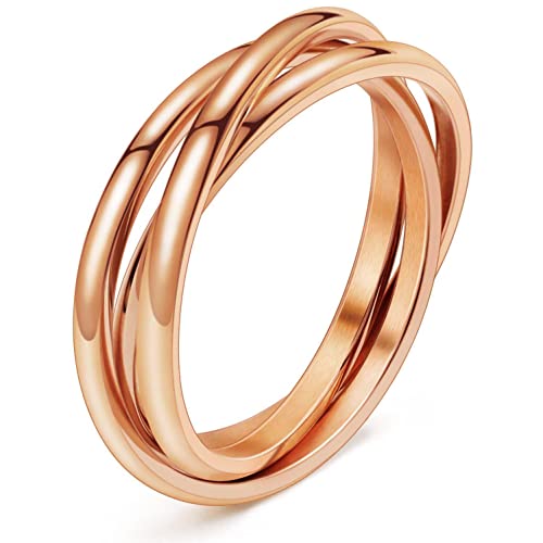 DURSI Trinity Interlocked Rolling Triple Ring for Women Girls Kids, Stainless Steel Cross Stacking Puzzle Ring for Fidget Anxiety, Minimalist Promise Engagement Wedding Ring (Rose Gold, Size 5)