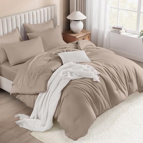 Image of Litanika Full Size Comforter Sets Light Coffee - 7 Pieces Bed in a Bag Beddding Sets, Solid Lightweight Bed Set with Comforter, Sheets, Pillowcases & Shams