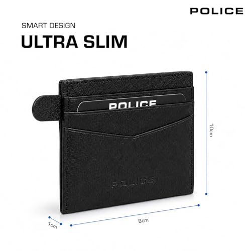 Image of Police Genuine Leather RFID Blocking Card Holder Wallet for Men & Women | Slim Minimalist Credit Card Case with 6 Card Slots | Compact Front Pocket Wallet | Black