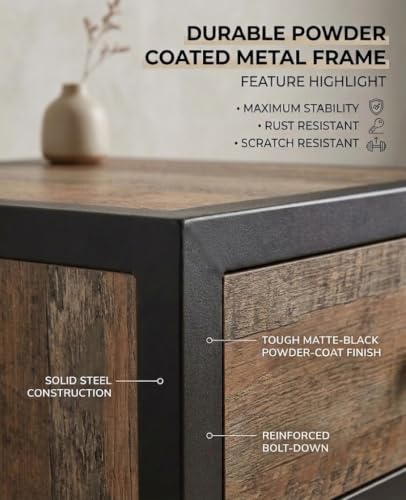 Image of Sierra Side Table with Drawer & Open Storage Shelf | Engineered Wood Bedside Table with Powder-Coated Metal Frame | Modern End Table for Bedroom & Living Room | Rustic Reclaimed Wood Finish
