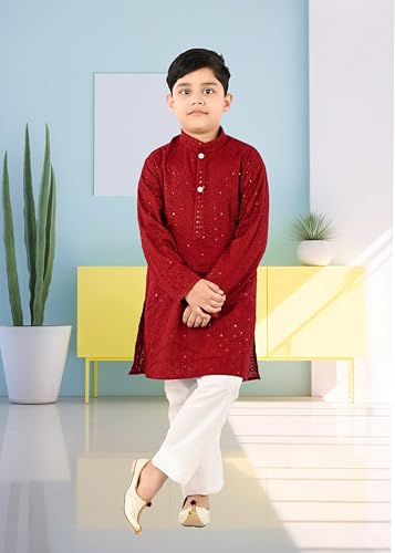Image of Traditiona Kurta with White Pajama Set, Kids Ethnic Wear, Cotton Blend