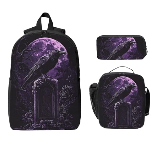 Gothic Raven Backpacks 3 Pcs Lightweight Casual Backpack with Fun Graphic Cartoon Print for Daily Commute