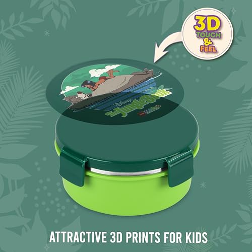 Image of CELLO Kidzbee Pluto Jungle Book Insulated Kids Lunch Box, Green | Silicone Food-Grade Seal Lid | 3D Touch & Feel Designs Tiffin | Leak Proof & Secure 4 Sided Click Locks | Ideal for School & Picnic
