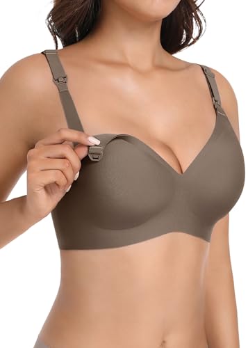 Kohentact Maternity Nursing Bras Wireless Seamless Ultra-Soft Comfort for Breastfeeding Pregnancy Easy One-Handed Access Sleep Bra Brown