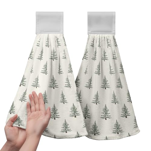 Kwlegh 2 Pcs Green White Christmas Tree Hanging Hand Towels with Loop Xmas Kitchen Tie Towel Vintage Rustic Winter Farmhouse Decorative Dish Cloth Dry Towels Soft Hanging Towel for Kitchen Bathroom