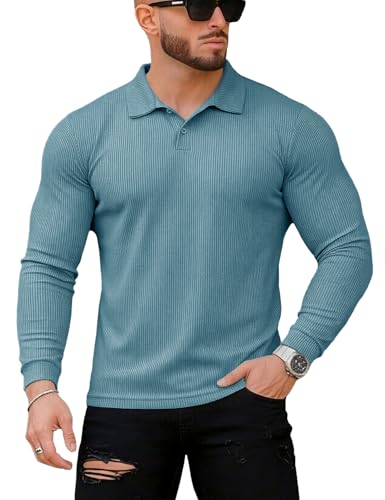 Muscle Cmdr Hombres Slim Fit Muscle Polos Camisas de Manga Larga Stretch Quick Dry tee Casual Golf Athletic Camisetas (Azul XL)