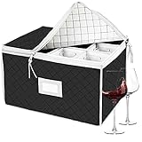 Stemware Storage Box Case - China Storage Containers Chest Holds 12 Wine Glasses or Crystal Glassware Boxes with Lable Window,Fully-Padded Inside with Hard Sides(15.5' x 12.5'x 10')-Black