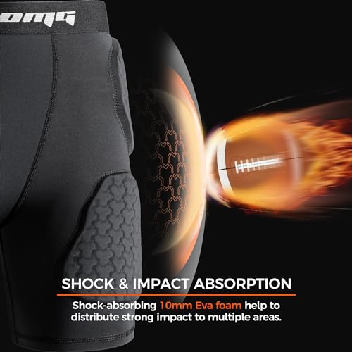 COOLOMG Youth 5 Pad Football Girdle Padded Football Compression Shorts with Cup Pocket Integrated Hip Tailbone Thigh Pads Black L