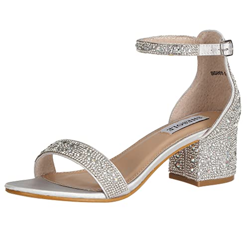 SheSole Women's Open Toe Strappy Low Block Heel Bling Rhinestone Sandals for Wedding Bride Dress Shoes