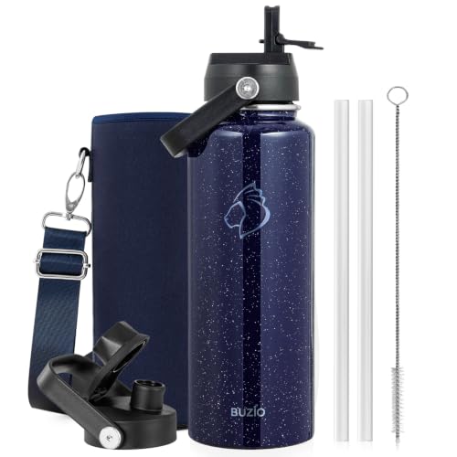 BUZIO Triple Wall Vacuum Water Bottle with Dust-Proof Straw & Spout Lids