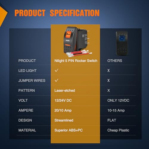 Image of Nilight UTV Horn Rocker Switch Momentary w /Orange Backlit On Off 5 PIN | SPST LED Light Bar Switches 12V 24V Toggle Compatible for Polaris RZR Can-Am ATVs UTVs Cars Trucks RVs