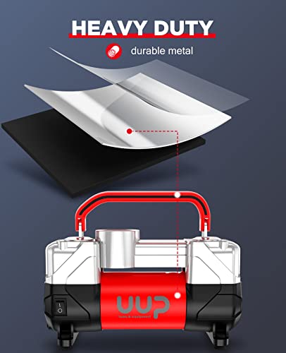 UUP Tire Inflator Air Compressor, 150PSI 12V DC Double Cylinders Heavy Duty Portable Air Pump w/Emergency LED Light for Truck, SUV, Car, RV (red)