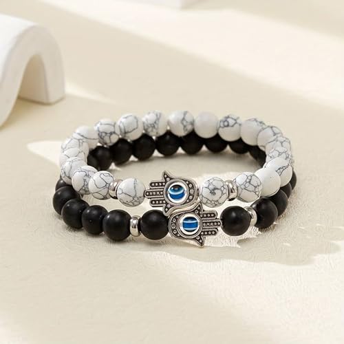 Image of Fashion Frill Couple Bracelets Black & White Onyx Evil Eye Stretchable Wrist Band Bracelet For Women Men Boys Girls Love Gifts Friendship Promise Bracelets