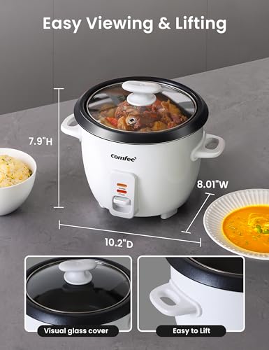 COMFEE' Rice Cooker, 6-Cup Cooked/3-Cup Uncooked, Removable Non-Stick Bowl, for Soups, Stews, Grains&Oatmeal, One Touch, White