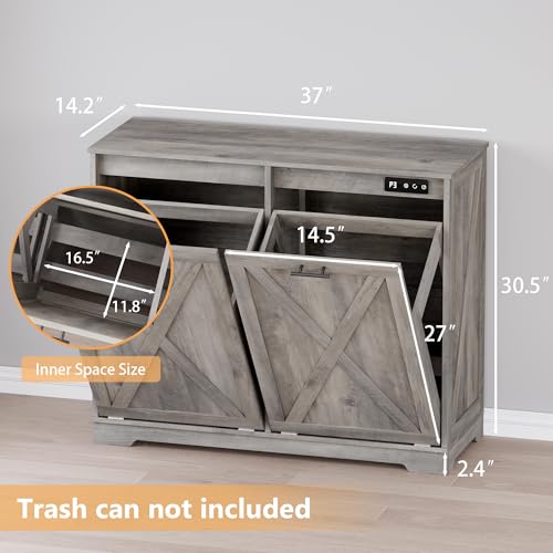 Image of BORNOON Tilt Out Trash Can Cabinet for 2 Bins, Hidden Recycle Garbage Bin Enclosure, Wooden Double Laundry Cabinet with Odor Control, Negative Ion & Ozone, for Kitchen, Bathroom, Laundry Room