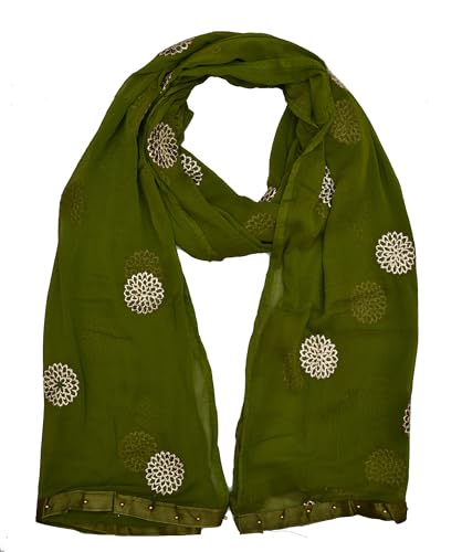 Image of YOUTHQUAKE Golden Floral Embroidery Work Chiffon Dupatta for Womens & Girls with Fancy Moti Lace