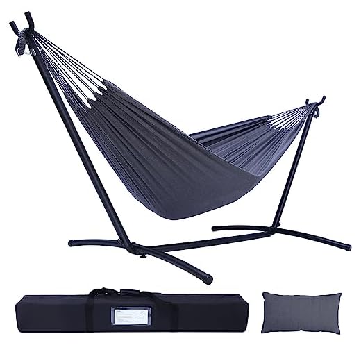 Hammock with Stand, Ohuhu Double Hammock with Space Saving Steel Stand & Pillow, 2-Person Hammock with Portable Carrying Bag for Outdoor Garden Yard Porch Patio & Indoor Space, 450 lb Capacity, Grey