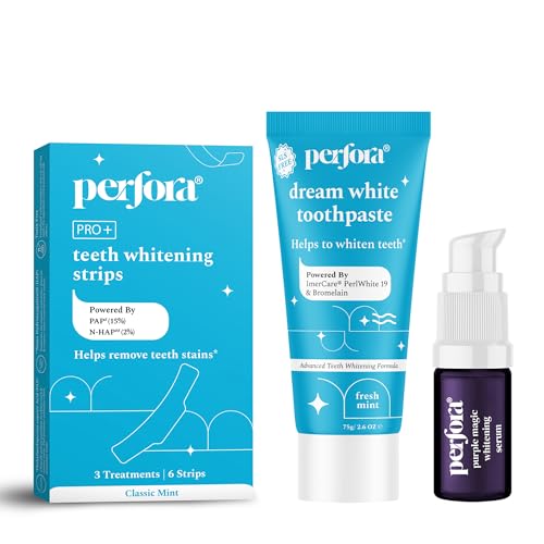 Image of Perfora Teeth Whitening Combo - Whitens Teeth in 1 Use | Enamel-Safe & Sensitivity-Free Oral Care Formula For Tooth Stain Removal | Teeth Whitening Strips - Pack Of 3, Purple Serum - 10ml & Dream White Tooth paste 75gm