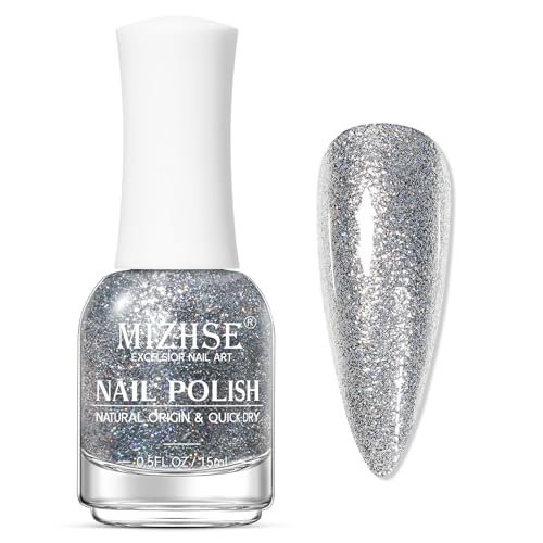 MIZHSE Quick Dry Glitter Silver Nail Polish Classic Nail Polish Air Dry Fast 15ml High Glossy Sparkly Shiny Shimmery Nail Art Salon Manicure Home