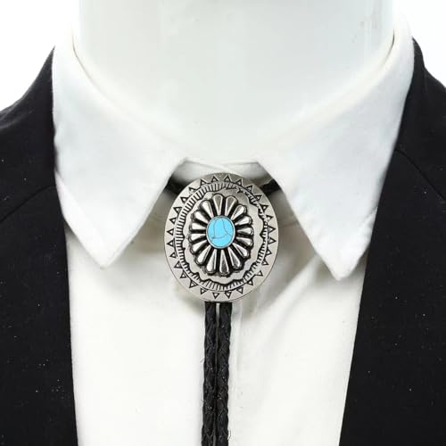Image of GelConnie Bolo Tie for Men Women Western Cowboy Turquoise Leather Necktie | Natural Stone Bolo Tie Necklace for Women Rodeo Cowboy Leather Necktie Native American Western Cowgirl Ties Adjustable Cord