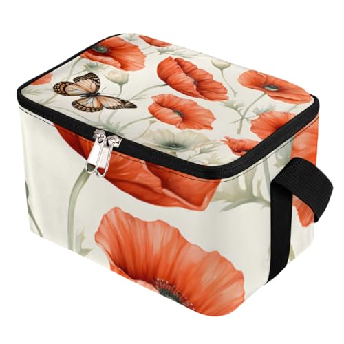 GzLeyigou Lunch Bags for Women Men 9 Cans,Poppies Butterfly Hot & Cold Food Delivery Bag Insulated Grocery Bag Insulated Lunch Box Flowers Cooler Bag for Office Work Picnic Beach