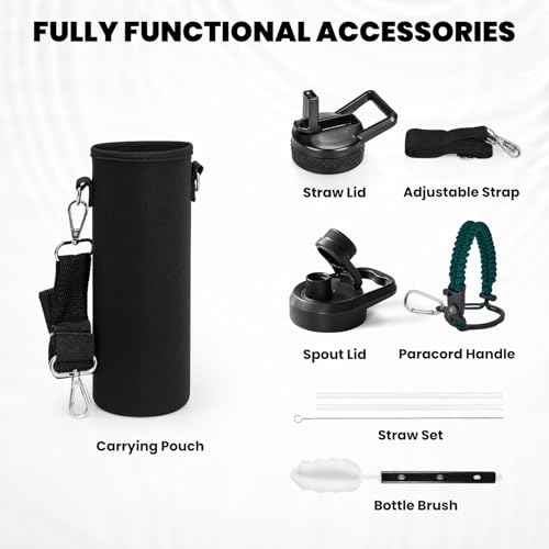 Image of RAYMYLO Insulated Water Bottle 24 oz, Triple Wall Vacuum Stainless Steel (Cold for 24Hrs, Hot for 12Hrs), Leak Proof & Non-BPA, Modern Water Flask Jug with Paracord Handle & Straw Spout Lids