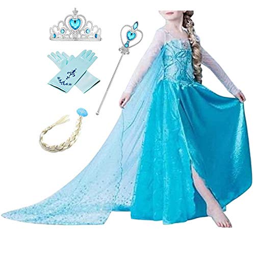 Kosplay Bevroren Sneeuw Koningin Elsa kostuums, Prinses Elsa Kostuum Korte Mouw Meisje Elsa Jurk Kerst Halloween Cosplay Feest Kostuum 120CM