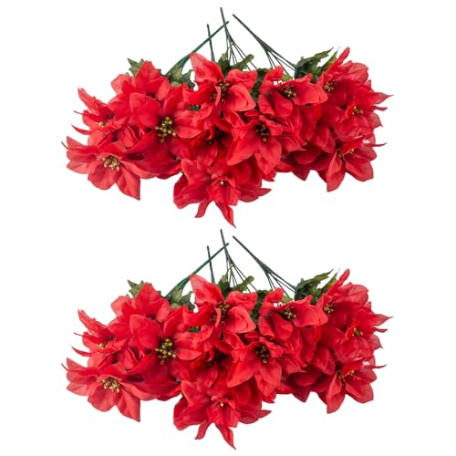 MUNSKT Paquete de 4 arbustos de Pascua artificiales, 7 cabezas de tela de seda, arbustos de Pascua rojos de Navidad, ramo de flores de Pascua artificiales para Navidad (rojo)