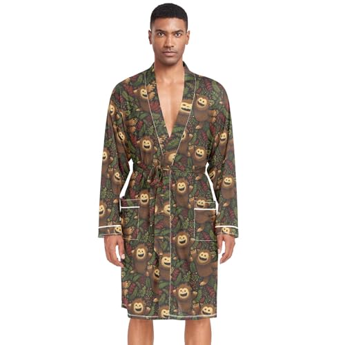 Long Sleeve Sleep Robes for Men-Cartoon Sasquatch, Lightweight Bathrobe with Belt Pockets M