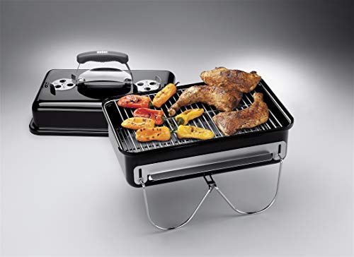 Weber Go-Anywhere Holzkohlegrill/Tragbarer Grill mit klappbaren Beinen, Kompaktes Design für Camping und Picknicks, Robuste Emaille, Präzise Temperaturregelung, 42 x 26 cm Grillfläche, Schwarz