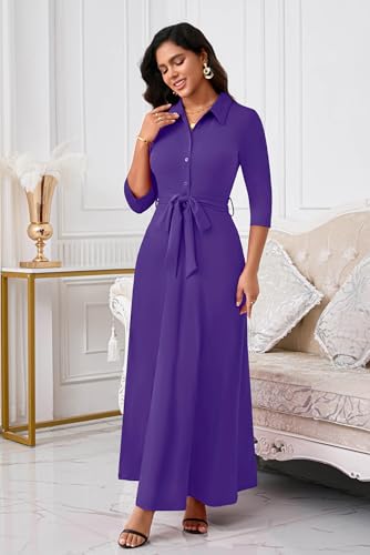 Image of Runwind Women Church Maxi Dresses 3 /4 Sleeve Button Down Print Casual Office Dress African