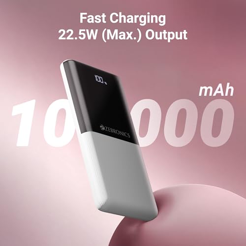 Image of ZEBRONICS EnergiPod 10R1, Power Bank, 10000 mAh, 22.5W Super Fast Charging PD 3.0 (PPS), Dual Type C & USB Port, LED Percentage Indicator, for iPhone, Android, Tablets, Airpods (White)