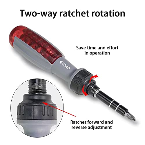 Indprod 11 In 1 Ratchet Screwdriver,Portable Multi-Purpose Screwdriver,With 1/4" S2 Double-Headed Phillips, Slotted, Square, Torx And Combo Bits,Magnetic Head,Adjustable Screwdriver Repair Tools #TOP3