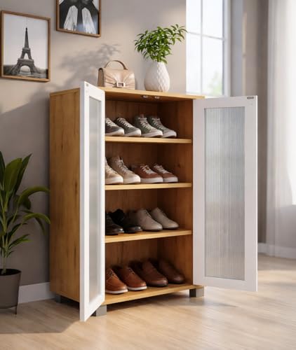 Image of LERIMO 2-Door Engineered Wood Shoe Rack, 4-Tier Wooden Shoe Rack for Entryway, Shoe Storage Cabinet with Doors Adjustable Shelves, Wooden Shoes Rack Organizer (Wotan Oak and White, 2 Door)