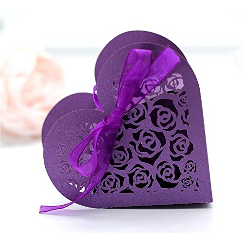 GIVBRO Lot de boîtes à bonbons pour souvenirs de mariage en forme de cœur avec roses creuses et rubans, violet, 50 pièces
