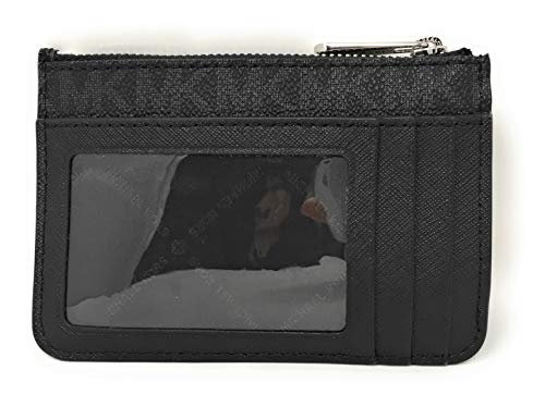 Michael Kors Jet Set Travel Small Top Zip Coin Pouch With Id Holder - Pvc Coated Twill (Black With Silver Hardware) #TOP2