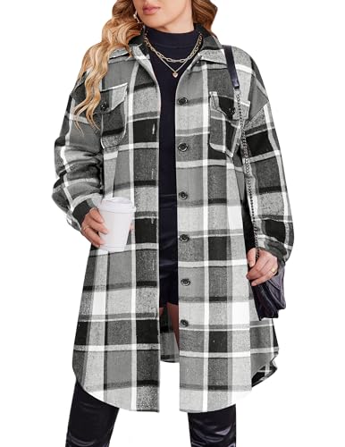 Image of Zeagoo Womens Plus Size Flannel Plaid Button Down Shirts Long Sleeve Lounge Lapel Tartan Shacket Jacket Long Coats 2024