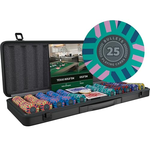 Bullets Playing Cards | Poker Set Salvatore | 500 Clay Poker Chips (10 g) with Aluminum Case, Plastic Playing Cards & Dice – Texas Hold’em, Numbered Values