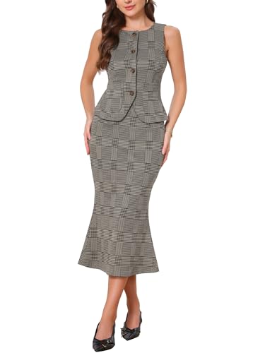 Jupe Longue Sirène et Gilet Boutonné Vintage à Carreaux Chic
